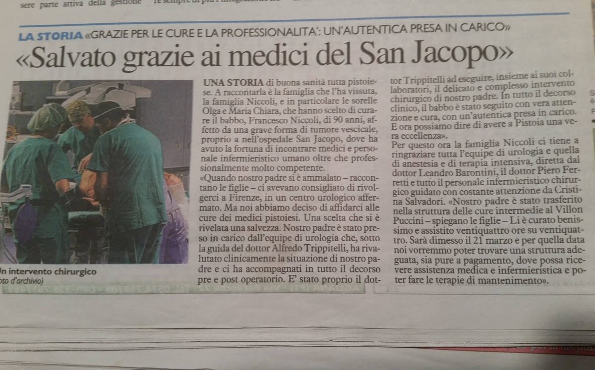 Salvato grazie ai medici del San Jacopo